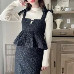 Meiru 肩リボンジャガードペプラムキャミワンピース Lサイズ