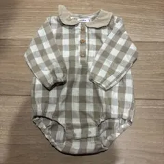 ペアマノン　襟付きベージュチェックロンパース　80