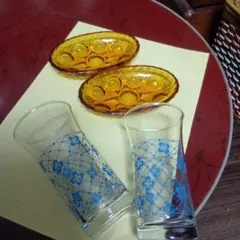 昭和レトロ　一口グラスとアンバー豆皿
