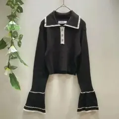 美品　ダズリン【F】　リブ編み　フレア袖　長袖カットソー バイカラー 濃グレー