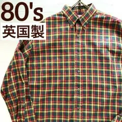 80's 英国製 訳あり　マチ付き BDシャツ チェックシャツ