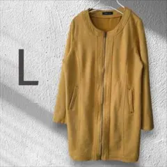 L 未使用 スエード ノーカラー ロングジャケット マスタード チェスターコート