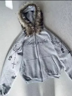 Y2K 十字架　ファー付きフード グレー ジップアップパーカー