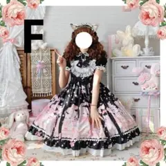 G22 猫ネコ柄　マカロン柄　ゴスロリワンピースフリル F 黒 ハロウィン