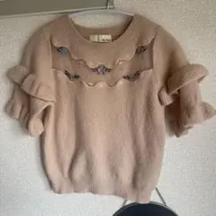 Lily Brown 刺繍 半袖ニット ピンク フリル 花刺繍 ガーリー
