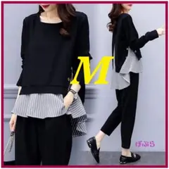 【新品】通勤に便利♪　重ね着風　カジュアルセットアップ　黒　Mサイズ　a