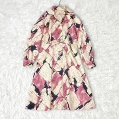 抽象柄 長袖ワンピース　ベージュ　パープル　ブラック　フレア　オープンカラー