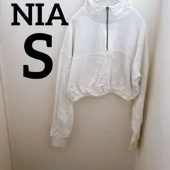 NIA【S】ハーフジップ クロップドスウェット ホワイト ショート丈 長袖 白色