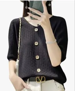 ボーダーニット 五分袖 無地 薄手 vネックトップス シンプル 着やせ 春夏秋