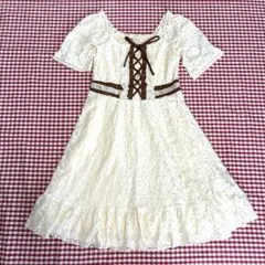 axes femme アクシーズ　総レース　リボン編み上げ 半袖フレアワンピース