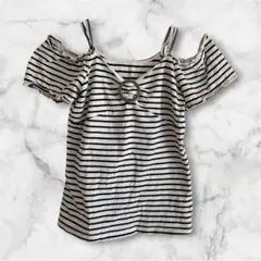 ピンクミックス オフショルダー半袖カットソー ボーダー綿　ストレッチ　M 白黒のサムネイル