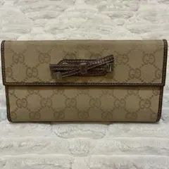 美品 グッチ GGキャンバス シェリーライン リボンモチーフ 長財布 赤