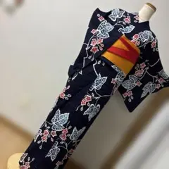 レディース浴衣　綿100% 濃紺花柄　リバーシブル半幅帯セット　美品
