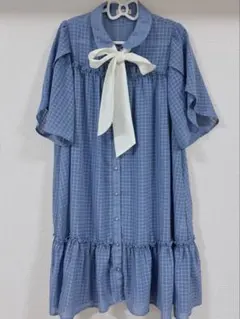 axes femme 青 チェック リボン付き 半袖ワンピース 夏のサムネイル