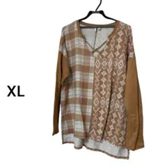 ブラウン系チェック柄長袖Tシャツ XL