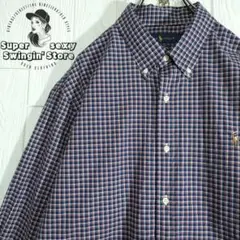 人気 ラルフローレン 長袖シャツ 2XL ネイビー チェック ボタンダウン 古着