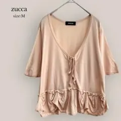 【ズッカ】zucca 5分袖カットソー　ブラウス　フリル　カシミヤ混　ベージュ