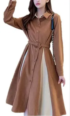 ワンピース シャツワンピ ブラウン シャツドレス 膝丈 長袖 秋冬 Ｌ