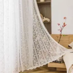 ホワイトレースカーテン 花柄刺繍 突っ張り棒用　幅150cm丈80cm 一枚のサムネイル