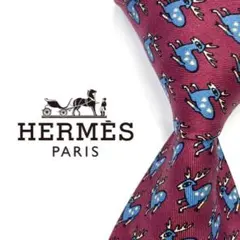 ◆美品◆HERMES エルメス ネクタイ 赤色 鹿柄 カジュアル
