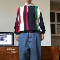 Nauticaカレッジ風ラガーシャツ マルチカラー 太ボーダーL 90s〜Y2K