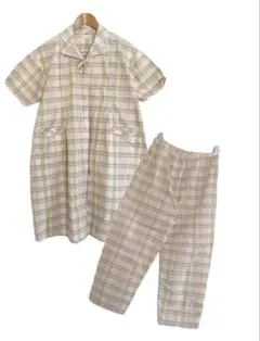 マタニティ　パジャマ　半袖　チェック柄　ワンピース　ズボン　セット