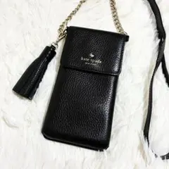 【美品】ケイトスペード　スマホショルダー　レザー　タッセル　チェーン　ブラックのサムネイル