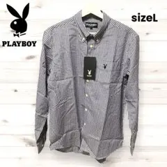 未使用 PLAYBOY プレイボーイ 長袖BDシャツ チェック ロゴ刺繍 L