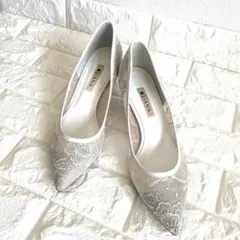 DIANA ダイアナ チュール刺繍パンプス 花柄 ライトグレー 結婚式 24.0