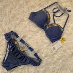 大人可愛い デニム風フラワー刺繍 盛盛ワイヤーカップ入りビキニM