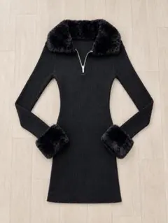 SHEIN ファー付き ニットミニワンピース 長袖 XS