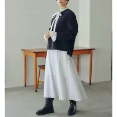 UNFILO 撥水撥油ボウタイリボンストライプロングワンピース 白 アンフィーロ