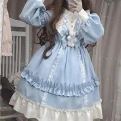 ロリータ ワンピース 水色 フリル レース リボン くま付属 ハロウィン