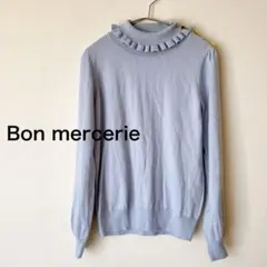 【used】ボンメルスリー トップス 薄手ニット 首フリル ライトブルー M