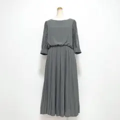 レース袖プリーツドレスワンピース L グリーン 結婚式 パーティー お呼ばれ