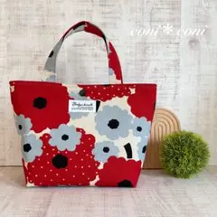 【ハンドメイド】ミニトートバッグ＊北欧調　ドットフラワー＊生成り地×レッド