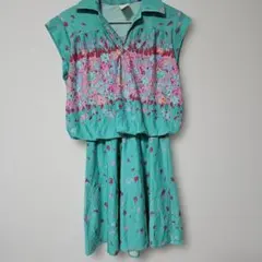 良品♡花柄 半袖ひざ丈ワンピース ターコイズ【フリーサイズ】