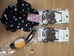 水玉シュシュとバラ型ヘアゴム　バナナクリップセット