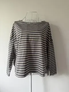 NANO universe グレー×白ボーダー ボートネック長袖Tシャツトップス