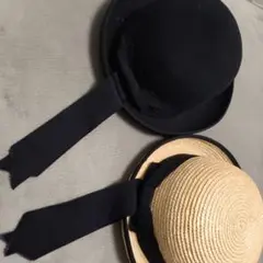 帽子2点セット 黒フェルト帽＆麦わら帽 リボン付き 美品