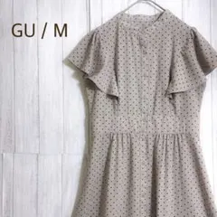 GU ドットシャツワンピース フレア 半袖 M ウエストゴム きれいめ