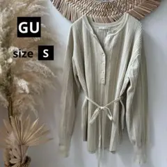 美品【GU】スキッパーネックリブカットソー・ウエストリボン◇ライトグリーン【S】のサムネイル