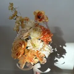 テラコッタ　ウェディングブーケ リボンブーケ　ブートニアセット｜オレンジ系｜