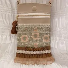 スマホショルダー スマホポシェット サコッシュ インド刺繍リボン フェイクレザー