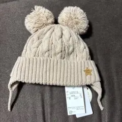 【新品タグ付】petit main BABYWポンポンニット帽 モカ