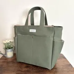 倉敷8号帆布サイドポケット付きトートバッグM エバーグリーン×北欧花柄