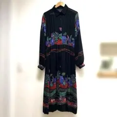 レトロ花柄プリーツシャツワンピース（黒）13号