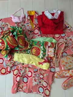 七五三　七歳　着物　セット　アンティーク　鶴　蝶　桃　ピンク　絹　紅絹