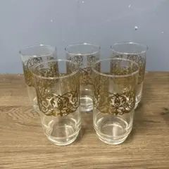 3F ② 昭和レトロ ヴィンテージ グラス 5客セット 金縁 唐草紋様