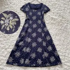 ローラアシュレイ　花柄レースワンピース　半袖　ネイビー　サイズ9
